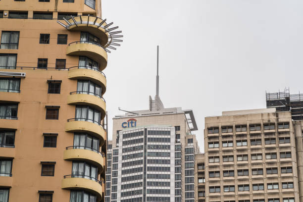 Sydney, NSW, Australia, February 21st 2024. A view looking up towards the Citibank skyscraper between older buildings in the background.