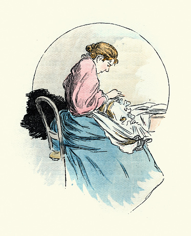 Vintage illustration, Victorian young woman sewing, mending clothes, La Femme à Paris – nos contemporaines, Octave Uzanne, Marie Louis Pierre Vidal, 1890s