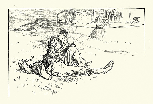 Vintage illustration, Young family sitting in field outside a factory, Mother father baby, La Femme à Paris – nos contemporaines, Octave Uzanne, Marie Louis Pierre Vidal, 1890s