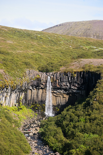 Svartifoss, nestled within Vatnajökull National Park in Iceland, is famed for its unique basalt column backdrop, resembling a natural cathedral. This picturesque waterfall captivates visitors with its tranquil setting and striking geological formations, offering a serene retreat amidst Iceland's rugged beauty.
