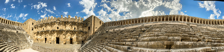 Partially restored Roman theater in the ancient settlement of Aspendos, Turkey
