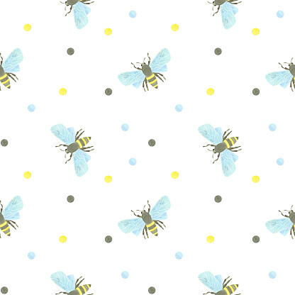Seamless pattern with honey bees and multicolored watercolor spots on a white background. Watercolor illustration. A set OF ANIMAL FACES. Suitable for children's textiles, packaging, postcards.
