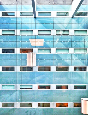 Clean and disinfected glass and steel facade of a hospital