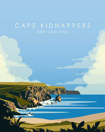 Vector illustration. Cape Kidnappers New Zealand. Design for poster, banner, postcard, cover. Tourism, travel.