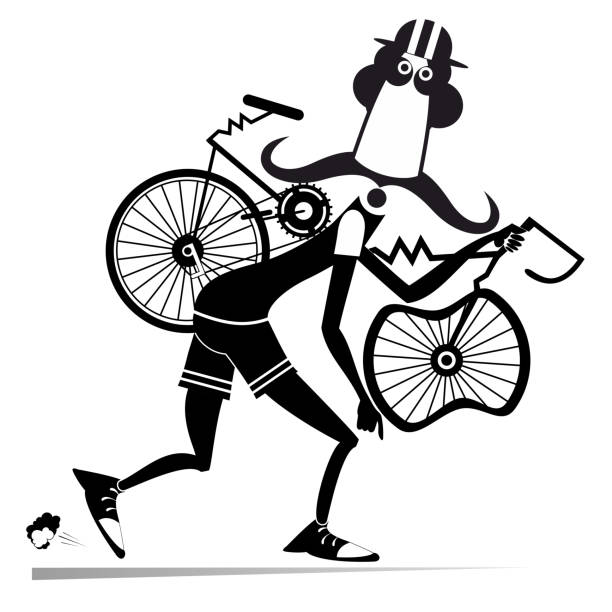 壊れた自転車を運ぶ疲れたサイクリストの男 - bicycle isolated white background cycling点のイラスト素材／クリップアート素材／マンガ素材／アイコン素材