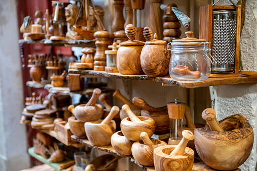 Selection of carved wood products in market