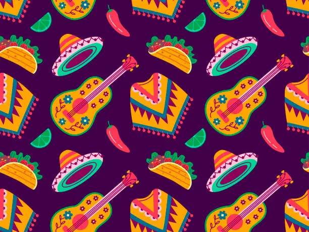 Vector illustration of Cinco de Mayo seamless pattern, May 5, federal holiday in Mexico. Symbols of Mexican culture on a violet background.