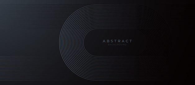 Modern dark black abstract horizontal banner background with glowing geometric lines. Shiny blue diagonal rounded lines pattern. Futuristic concept. Suit for cover, brochure, presentation, flyer, web