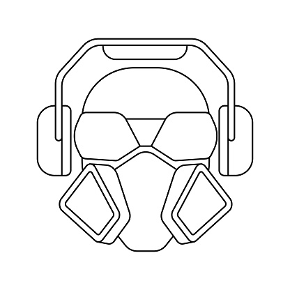 The icon of a worker man wearing a respirator, goggles and headphones.