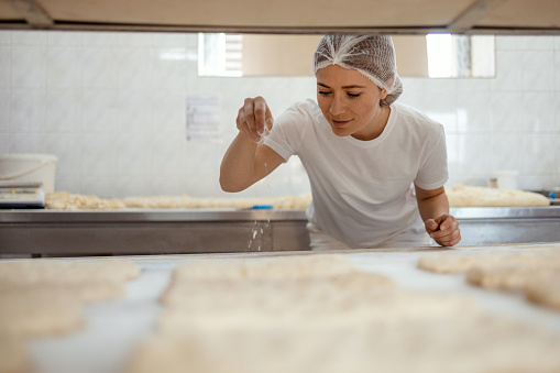 Young adult female working on kitchen in bakery patisserie. Food, business, bakery and work concept