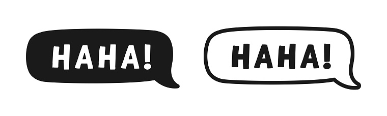 Haha laughing speech bubble sound effect icon. Cute black text lettering outline and silhouette set vector illustration.