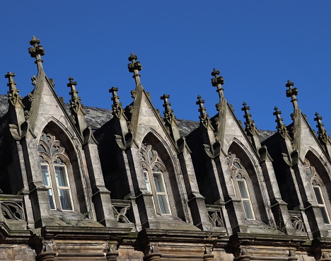 Ornate roofs of Brewdog restaurant, Chamber Building . Panmure Street, Dundee, Scotland