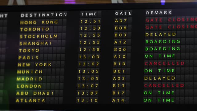 Airport departure board, changing flight details. Travel and journey concept. Flight cancelation, arrival time, flight to different cities.
