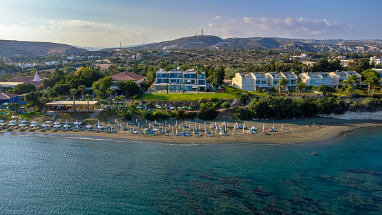 An aerial view of Governor's Beach, Cyprus on a sunny day