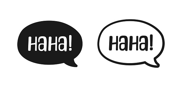 Haha laughing speech bubble sound effect icon. Cute black text lettering outline and silhouette set vector illustration.