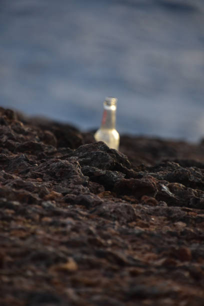 Rocky coast with a littered glass bottle on the rocks.