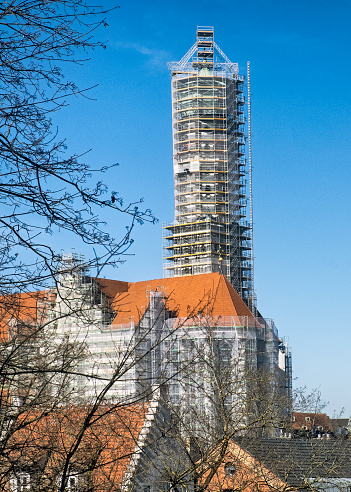 View of the Basilica St. Ulrich in Augsburg under renovation.