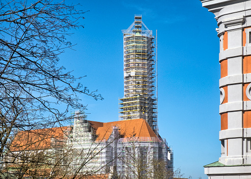 View of the Basilica St. Ulrich in Augsburg under renovation.