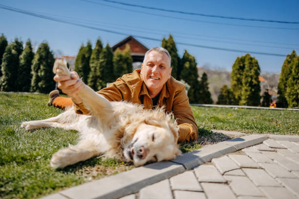 istock Man playing with his dog in back yard lying on grass 2106784305