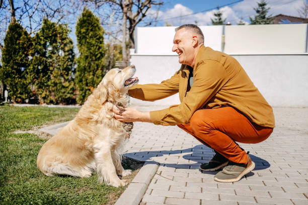 istock Man playing with his dog in back yard 2106784830