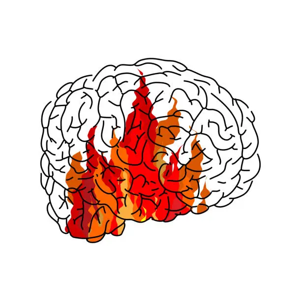 Vector illustration of Fire in brain. Flame in an anatomical brains. Concept burning brain - idea symbol