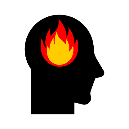 Fire in head Icon. Sign of an incendiary person. Thinks with fire symbol. Flame in my head