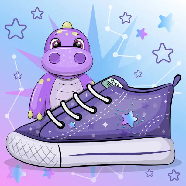 Vector illustration of A cute cartoon dinosaur with a sneaker.