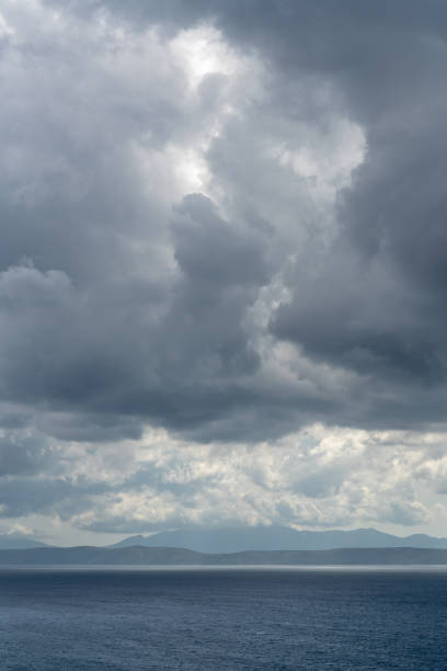 Dark storm clouds over the sea.Mountain panorama before the rain