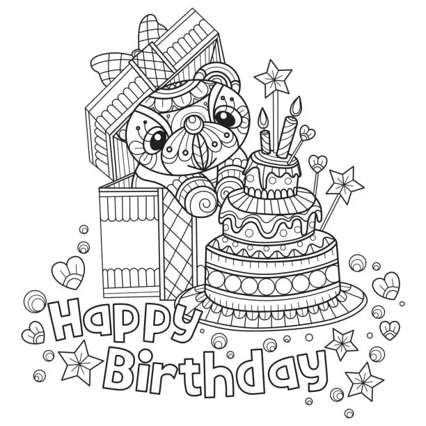 Vector illustration of Teddy bear in gift box and birthday cake hand drawn for adult coloring book