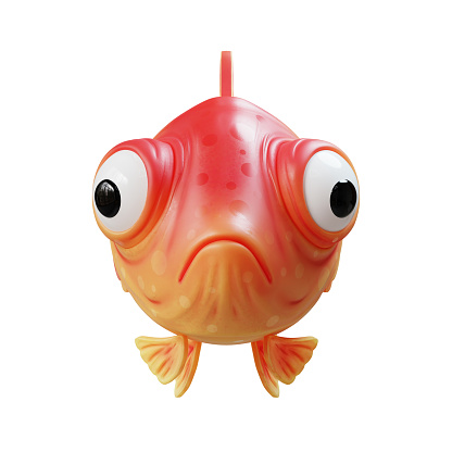 Concept art of sad little cute cartoon kawaii funny spherical goldfish with big bulging eyes, yellow belly red back, round stylized scales floats in air. Front view. 3d render isolated white backdrop