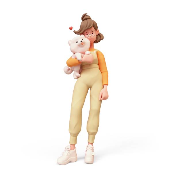 istock 3d render smiling girl holds large fluffy playful puppy. 2106823729