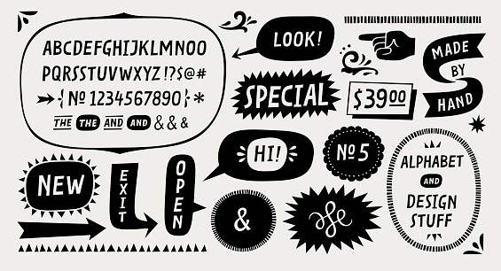 Hand drawn alphabet with design elements. Fun hand lettering with speech bubbles and frames .