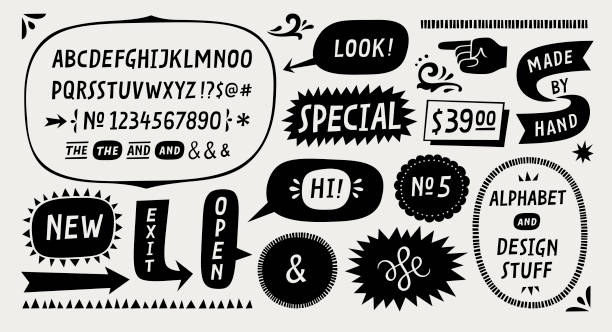 Hand Drawn Alphabet with Design Elements Hand drawn alphabet with design elements. Fun hand lettering with speech bubbles and frames . cool hand drawings stock illustrations