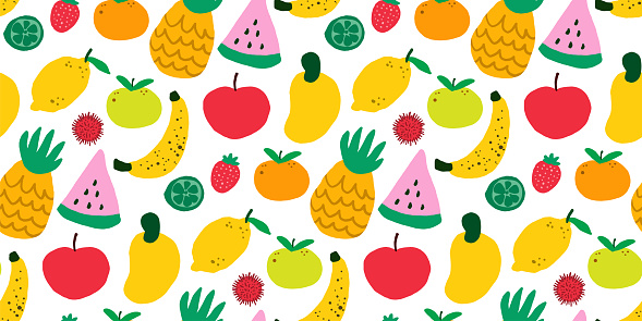 Hand drawn tropical fruits seamless pattern. Pattern swatch ready in vector color swatch panel. Can be used for textile, fabric print, wallpaper-decor, wrapping paper, home decor, clothing. banner, cover, cards and more