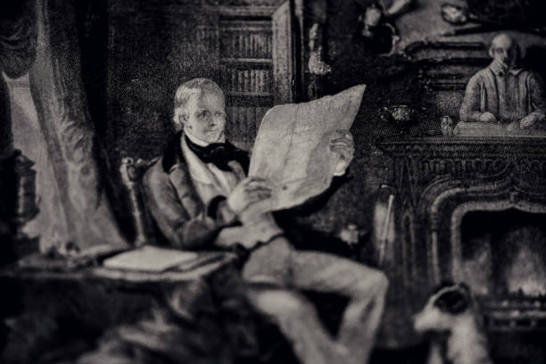 SIR WALTER SCOTT (1771-1832) READING HIS NEWSPAPER IN HIS HOME AT ABBOTSFORD Sir Walter Scott, was a Scottish novelist, poet and historian. Many of his works remain classics of European and Scottish literature...
Vintage etching circa late 19th century. Digital restoration by pictore. william shakespeare poet illustration and painting engraved image stock illustrations