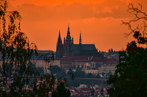 Prague castle at sunset from afar