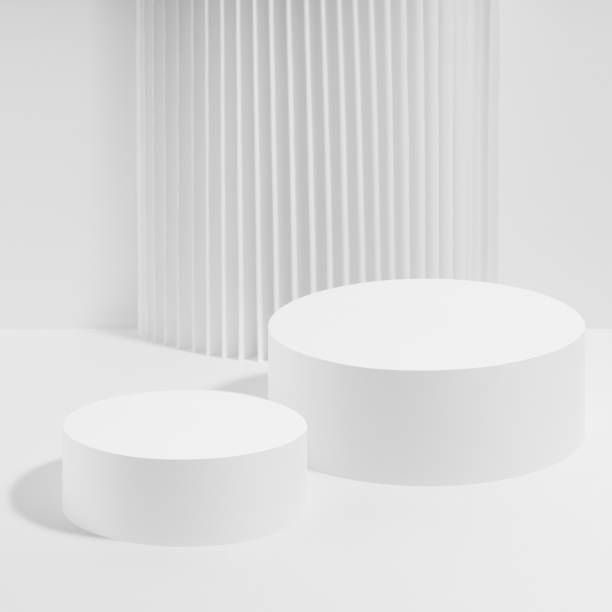 istock Abstract scene with two white round podiums with striped pillar as decoration, mockup on white background. Template for presentation cosmetic products, gifts, advertising, design in fashion style. 2106843757