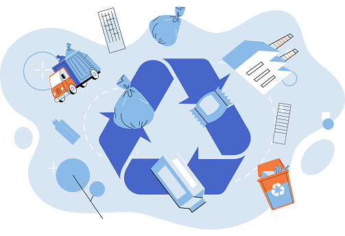 Waste recycling. Vector illustration. Environmental conservation relies on responsible recycling and waste management Reusing and recycling materials reduces strain on our natural resources Saving