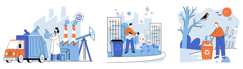 Waste disposal. Vector illustration. Waste sorting is essential for efficient waste management, as it allows for targeted recycling and appropriate treatment hazardous materials The act reducing waste