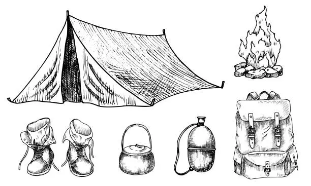 Vector illustration of Camping equipment - tent, fire, backpack, flask and boots. Vector illustration of objects for hiking and traveling in a forest painted by black inks in linear style. Etching with adventure elements