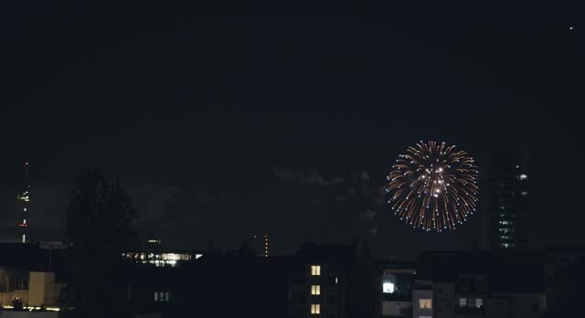 Grandiose big salute fireworks on background of night city