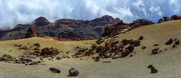 Teide national park deserted landscape and stormy sky above, Tenerife, Canary islands, Spain