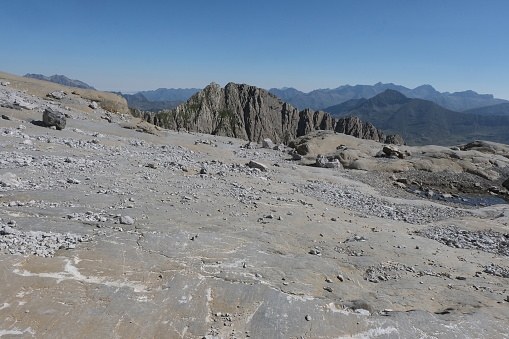 Panoramic image of mountains with glaciers.
