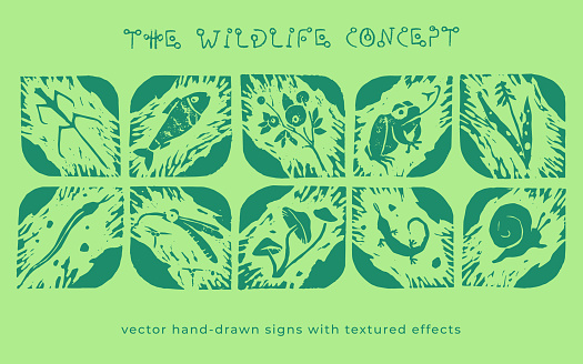 Vector floral drawing. Linoleum print texture. Protected areas symbols design. Engraved wildland icon.