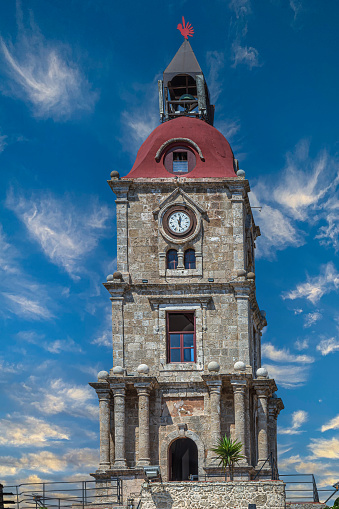 The medieval Roloi Clock Tower, Rhodes, Greece, highest landmark in Old Town. Built in the VII th, damaged in the 1850s and rebuilt. In previous times, the clock informed Greeks of the Turkish time.