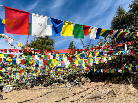 The Tibetan Buddhists prayer flag point above Dharamkot, Dharamshala in Himachal Pradesh, India