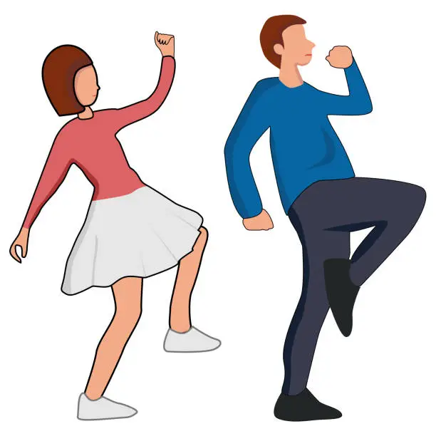 Vector illustration of Man and woman dancing. Young human students. Flying couple. Joyful friends jumping. Smiling male and female.
