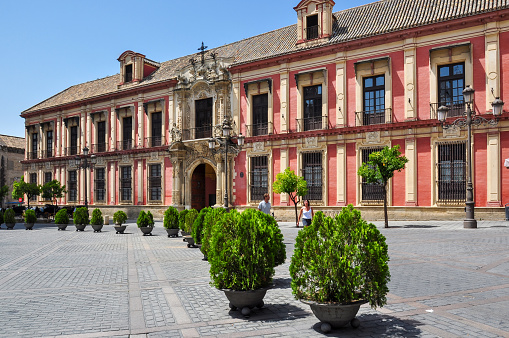 Seville, Spain - June 2018: Archbishop palace on Virgen de los Reyes square in Seville