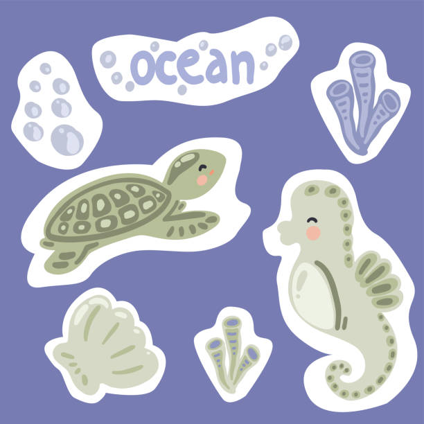 플랫 디자인 스티커 바다 동물 거북이 해마와 산호 - 8mm stock illustrations