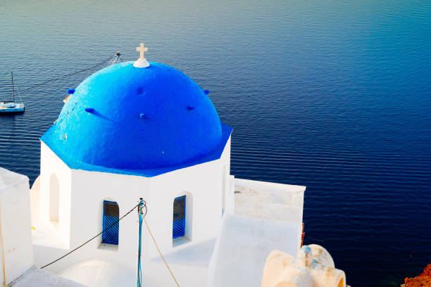 with blue domes of church, Greece, Santorini island, toned